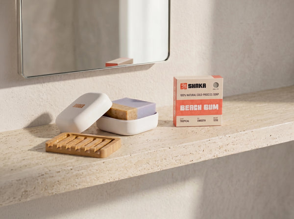 Shaka soap starter pack on marble shelf in bathroom